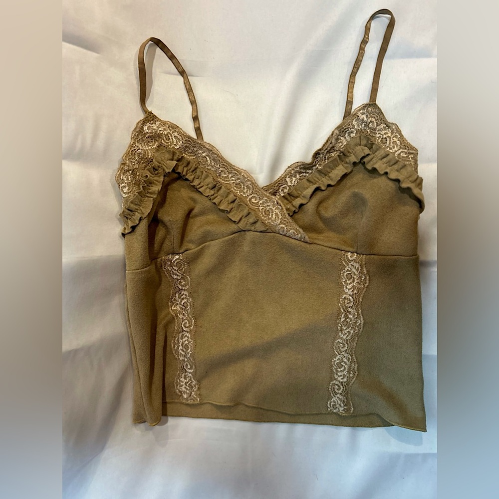 Women’s low cut,tank top, tan, fitted, cropped, size large
